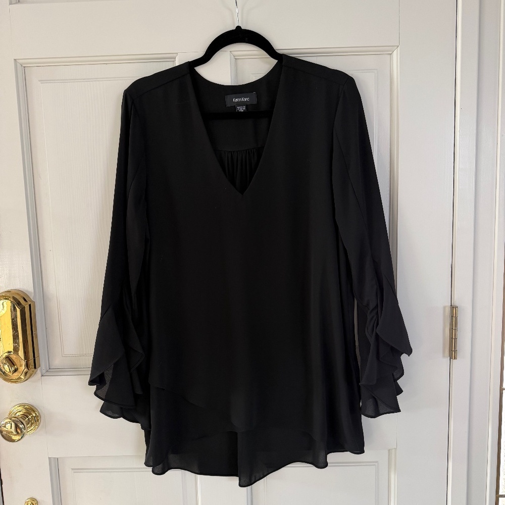KAREN KANE, Black tunic top, flowy bell sleeves, crossover faux front, Size L